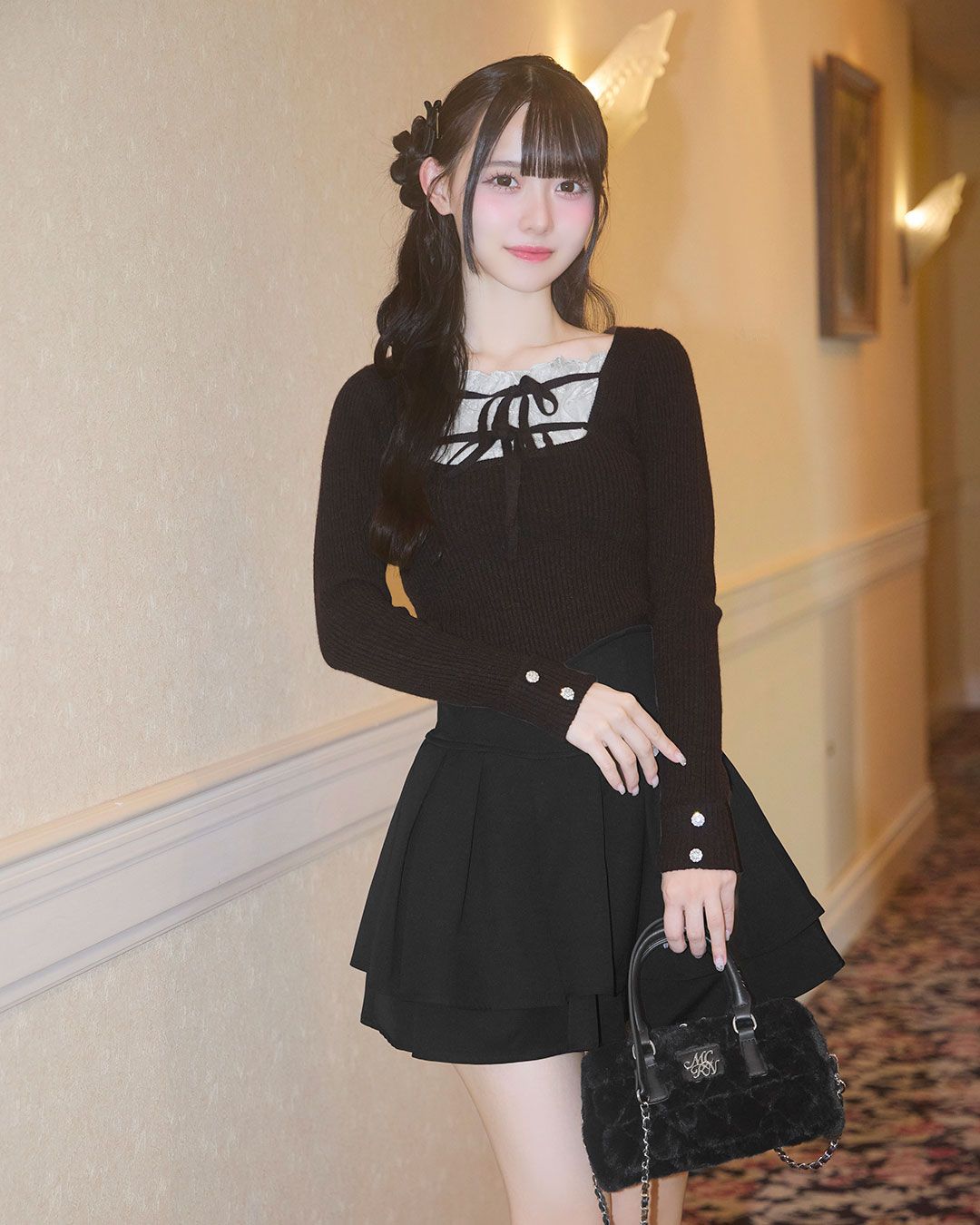 フリルリボンリブトップス ブラウン | ファッション通販