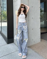 美品 SOLNI ライトブルー レースワイドデニムパンツ ライトブルー | ファッション通販