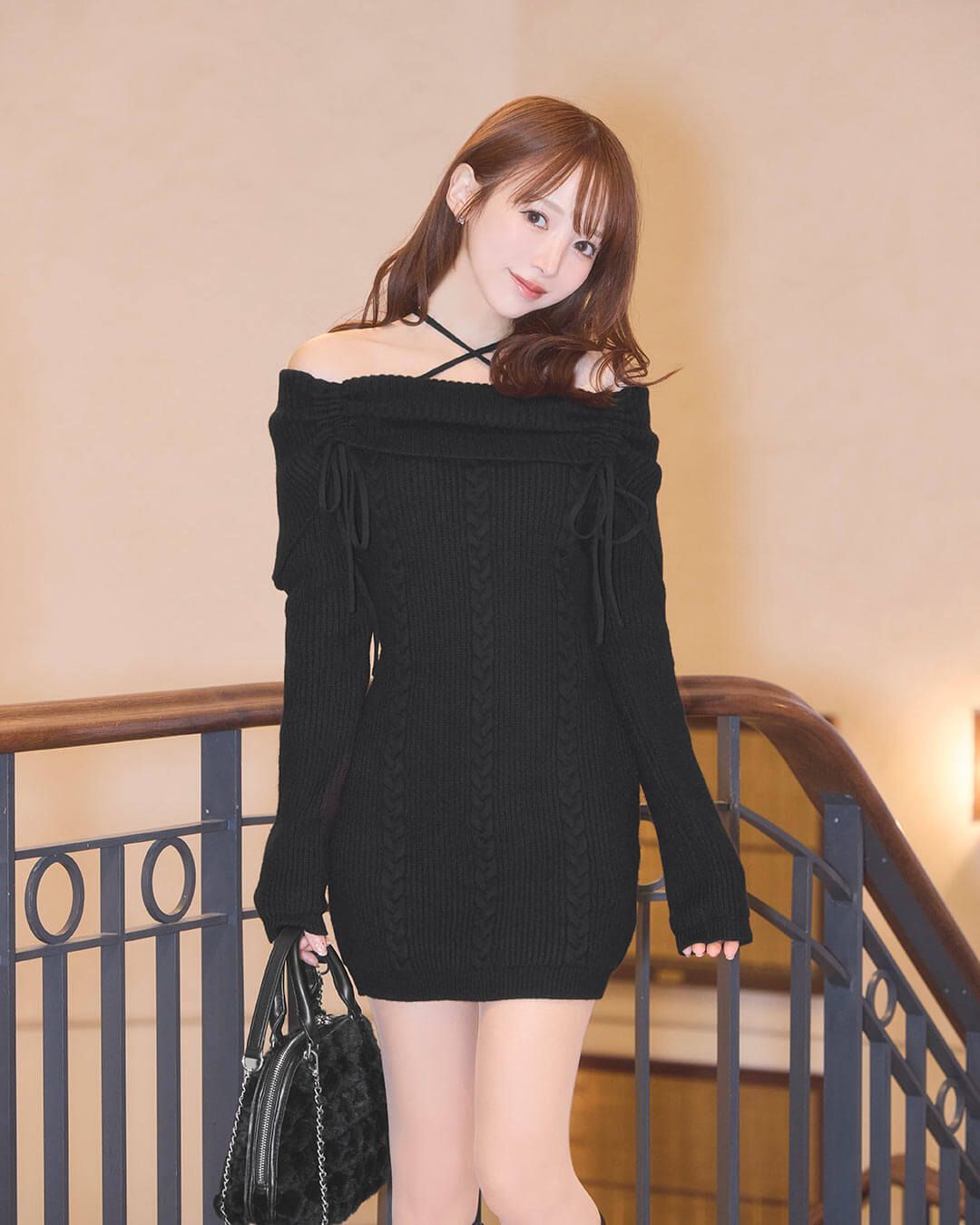 ギャザーオフショルニットワンピース ブラック | ファッション通販