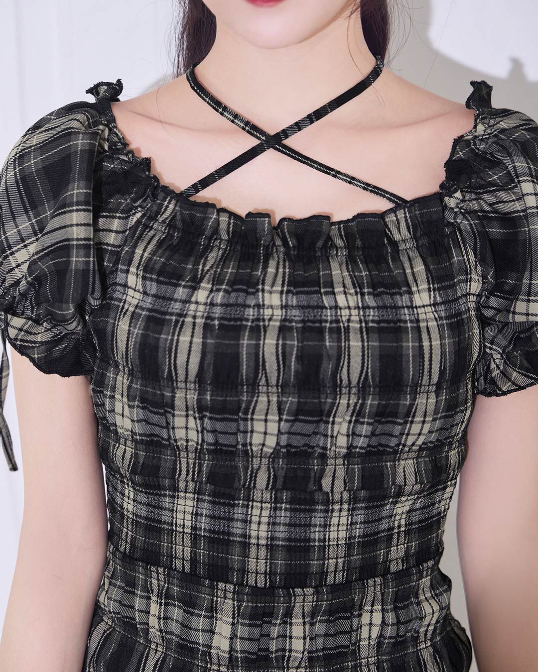 シャーリングチェックミニワンピース シャーリングチェックミニワンピース ネイビー | ファッション