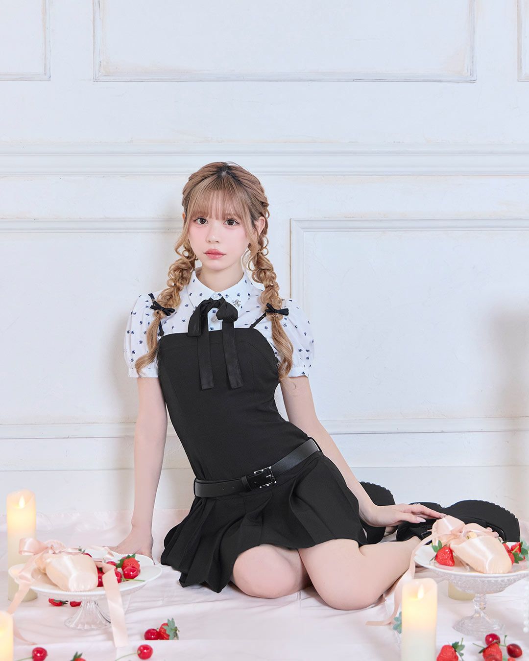 な*の様 michellMacaron モノグラムシャツプリーツワンピース モノグラムシャツプリーツワンピース ブラック | ファッション通販