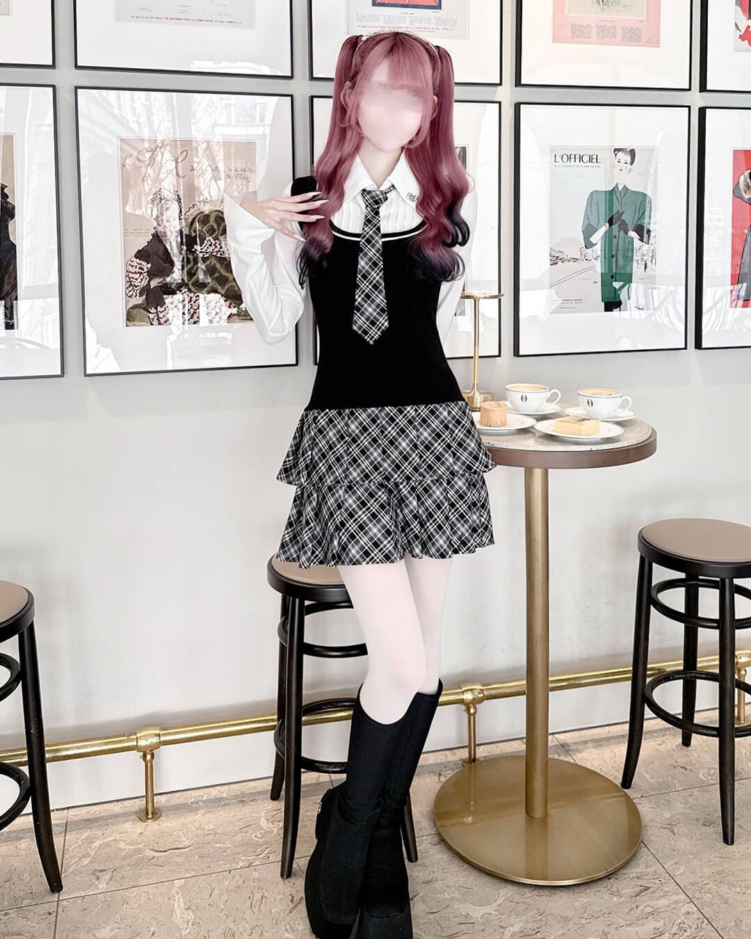 honeymew ハニーミュウ ネクタイ付きドッキングチェックワンピース ネクタイ付きドッキングチェックワンピース シェルピンク