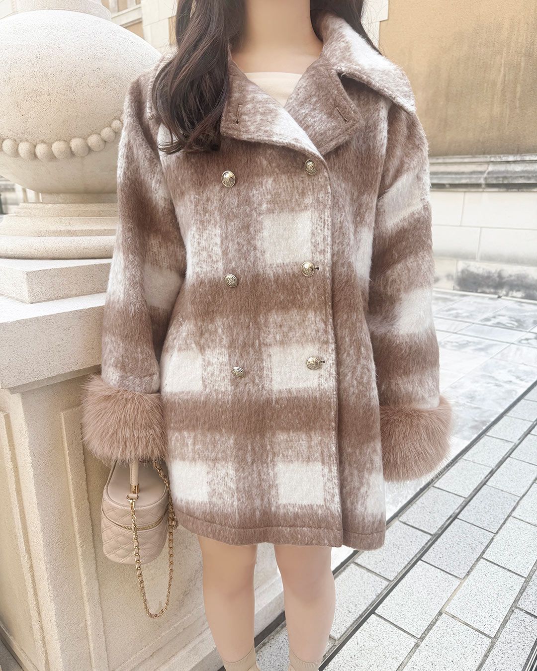 ビッグチェックトレンチファーコート ブラック | ファッション通販