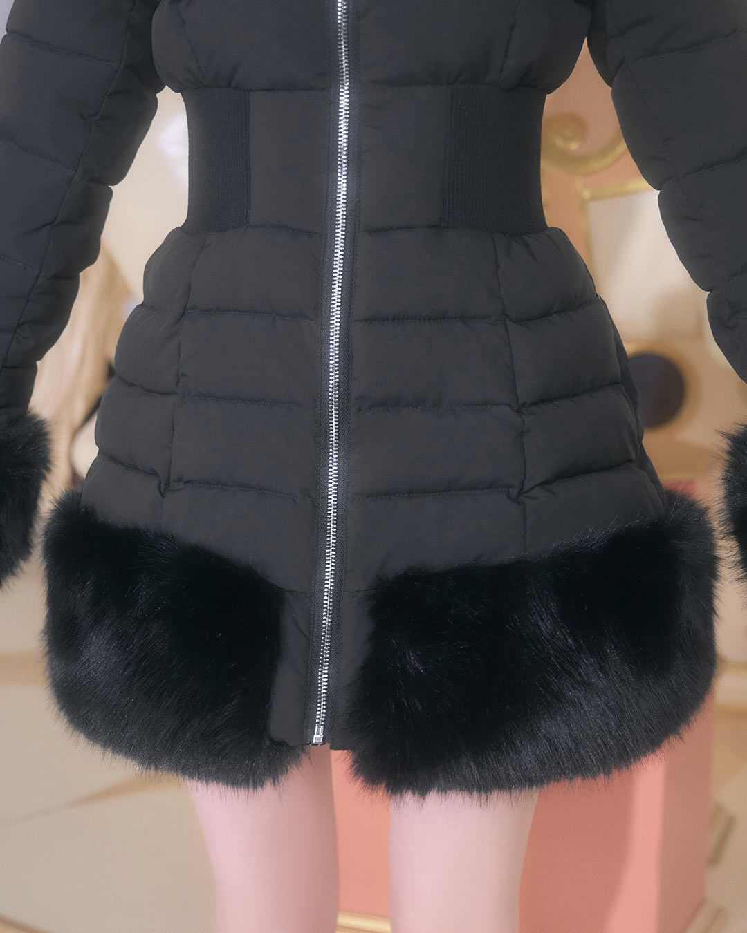 美くびれフェイクファーダウンコート ブラック | ファッション通販