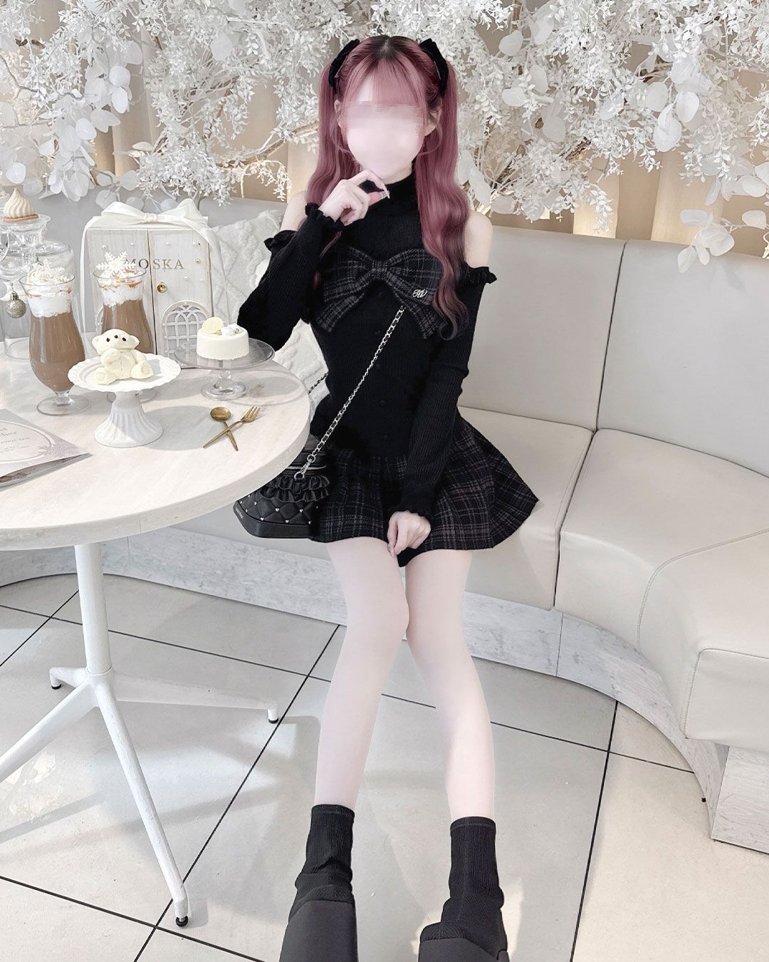 チェックリボン肩空きプリーツワンピース ピンク | ファッション通販