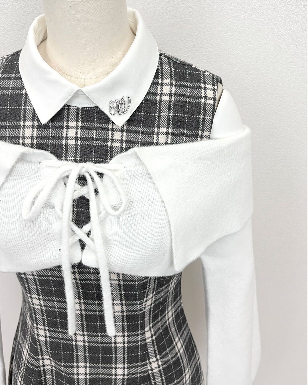 HONEYMEW ハニーミュウ オフショルボレロチェックアンサンブルワンピース オフショルボレロチェックアンサンブルワンピース ホワイト