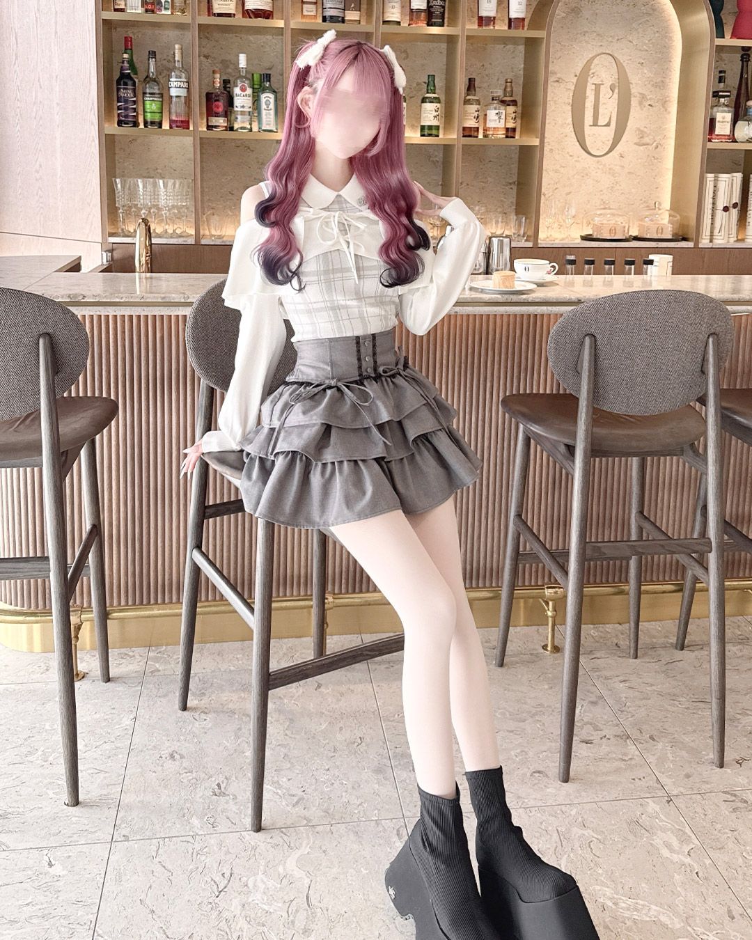 HONEYMEW オフショルボレロチェックアンサンブルワンピース XSサイズ オフショルボレロチェックアンサンブルトップス ホワイト