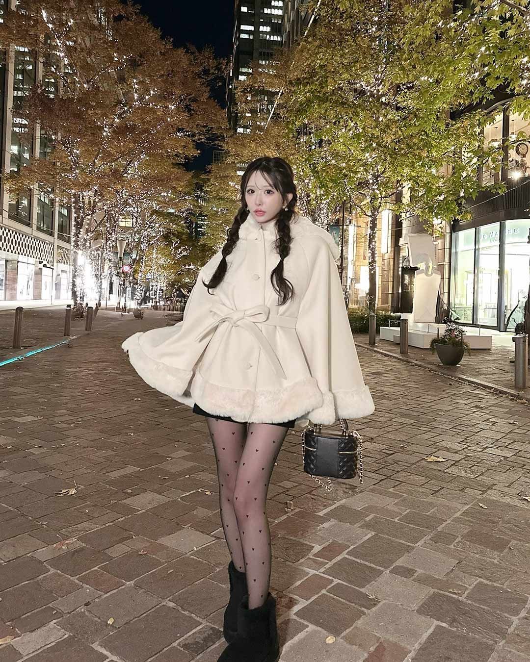 フード付き フードファーリボンポンチョ アイボリー ホワイト