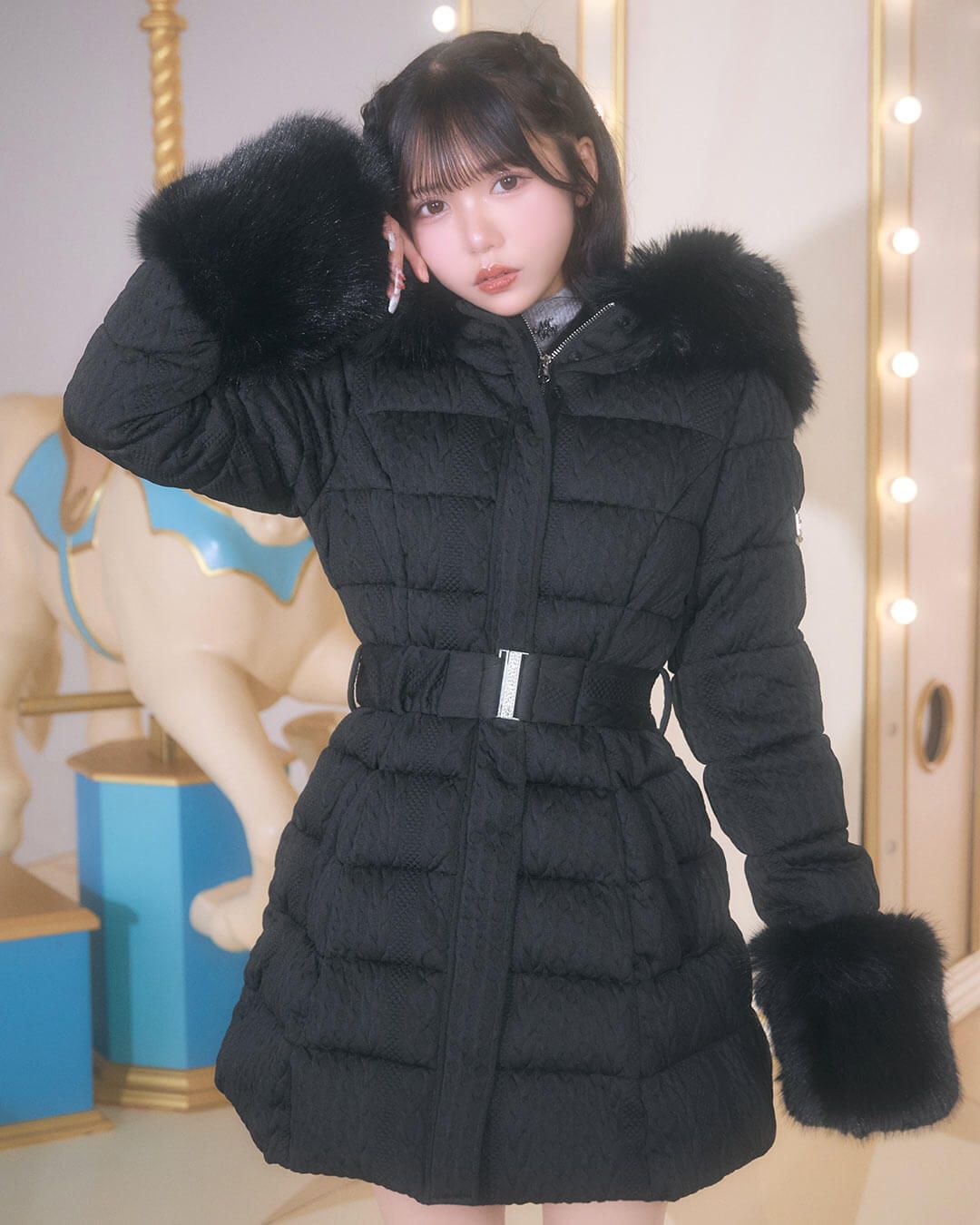 ケーブル柄ベルトダウンコート ブラック | ファッション通販＆メディア