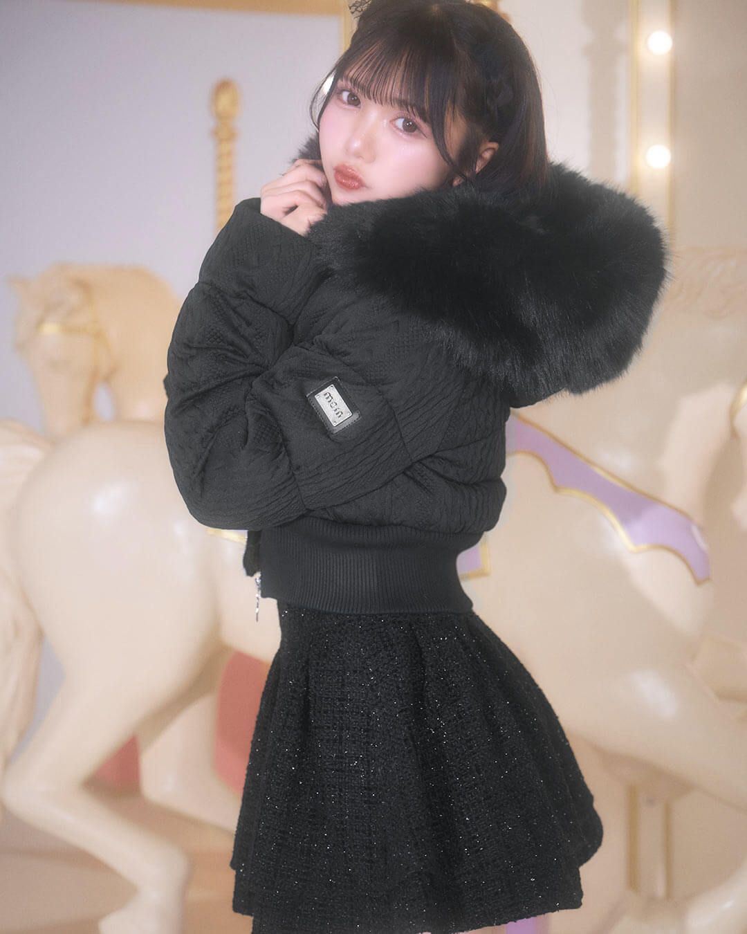 ミシェルマカロン ファーフードケーブル柄ショートダウン XSサイズ