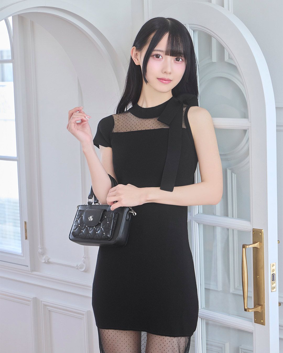 【韓国ブランド】七分丈アシンメトリーミディワンピースN150 アシンメトリーリボンニットワンピース グレー | ファッション