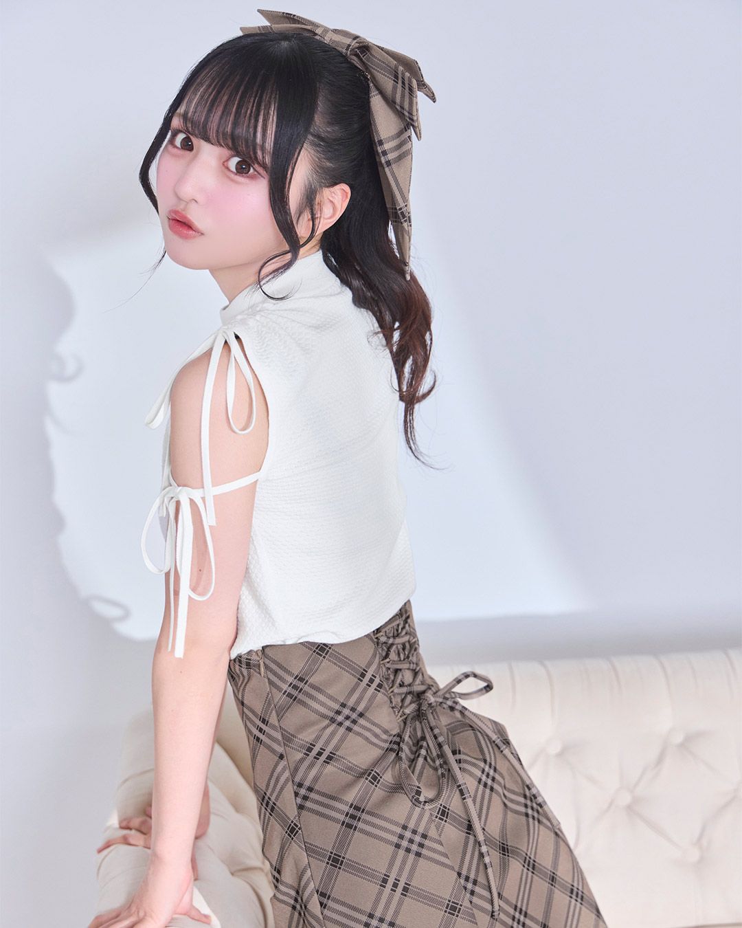 チェックくびれ♡美脚スカート＆ヘアアクセセット ベージュ