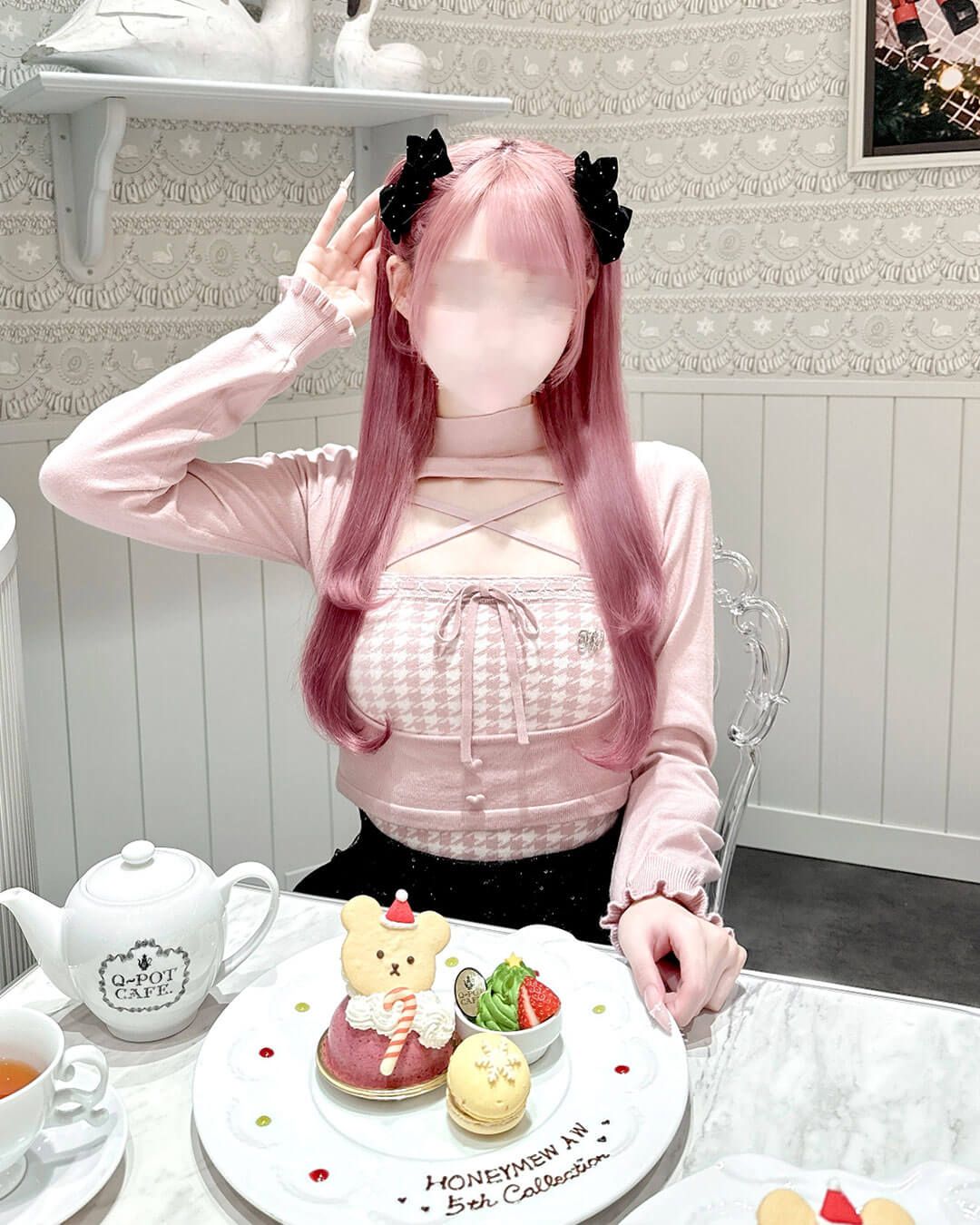 千鳥柄ハイネックアンサンブルトップス ブラック | ファッション通販