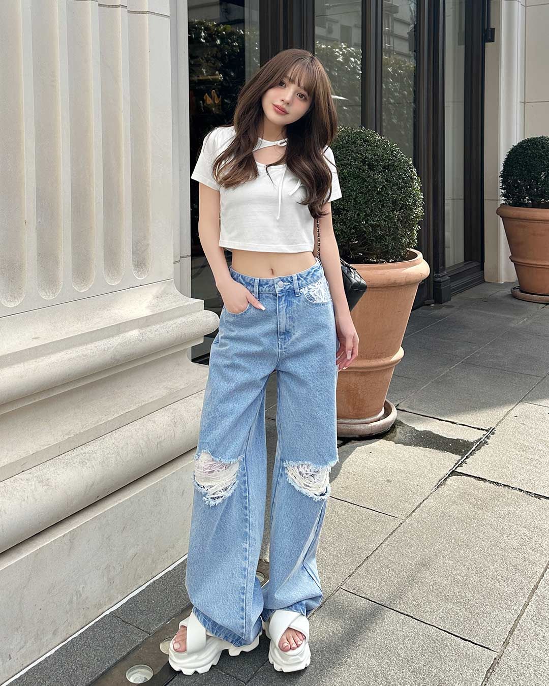 レースワイドデニムパンツ ライトブルー | ファッション通販