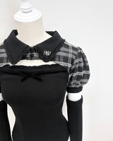 アームカバー付きチェックアンサンブルトップス ブラック