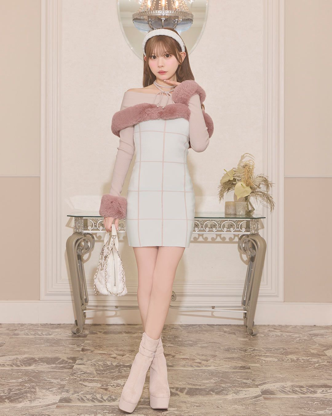 フェザーオフショルチェックワンピース ブラック | ファッション通販