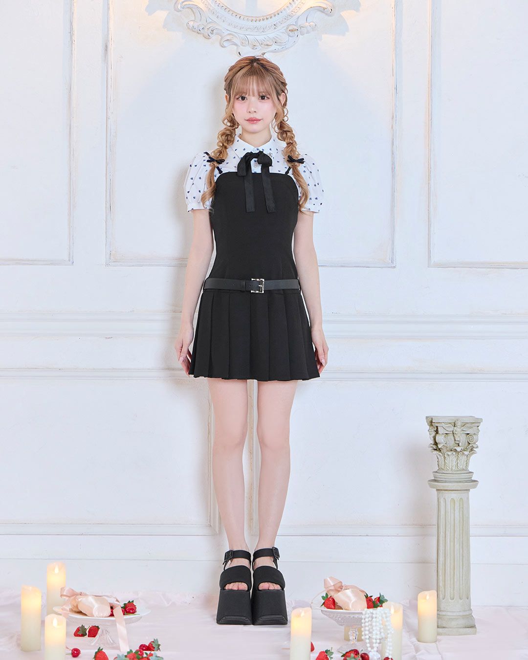 michellMacaron モノグラムシャツプリーツワンピース ブラック モノグラムシャツプリーツワンピース ブラック | ファッション通販