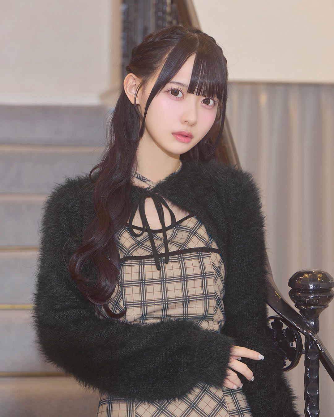 オリジナルチェック柄アンサンブルロングワンピ ベージュ