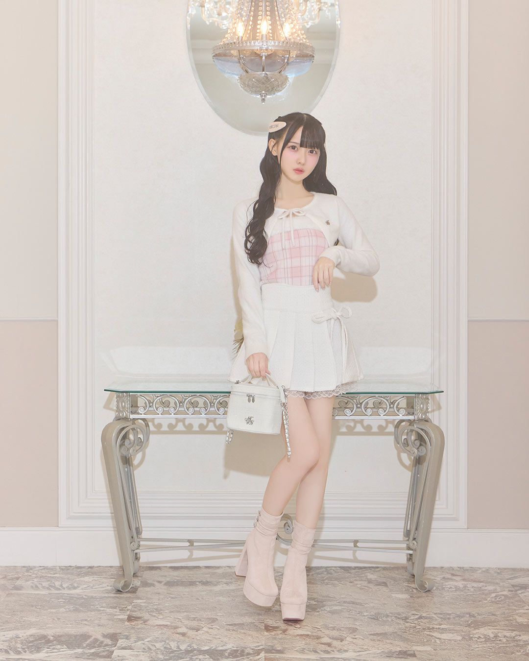 ミシェルマカロン リボンツイードプリーツスカパン ホワイト リボン