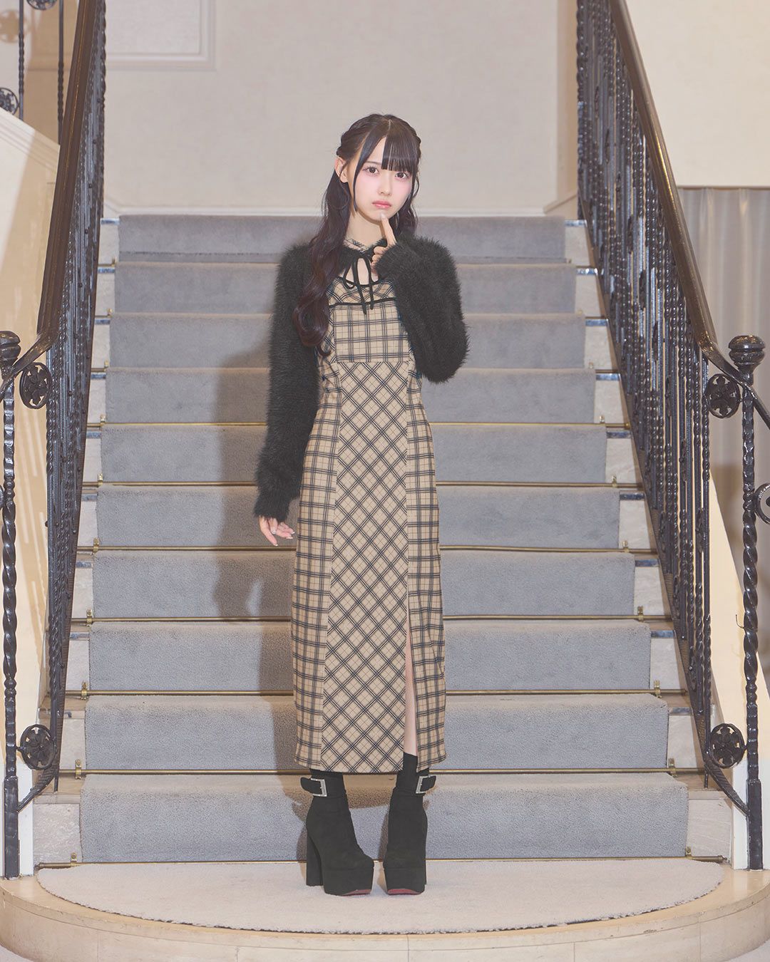 オリジナルチェック柄アンサンブルロングワンピ ベージュ