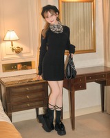 シャツレイヤード風ニットワンピース ブラック | ファッション通販