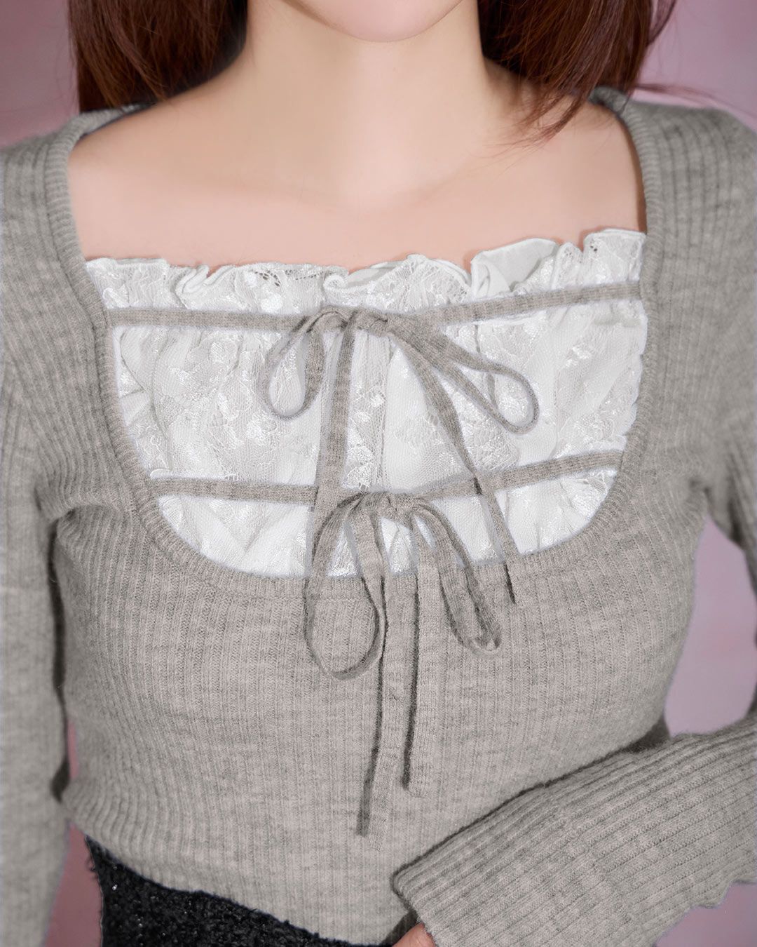 フリルリボンリブトップス ブラウン | ファッション通販