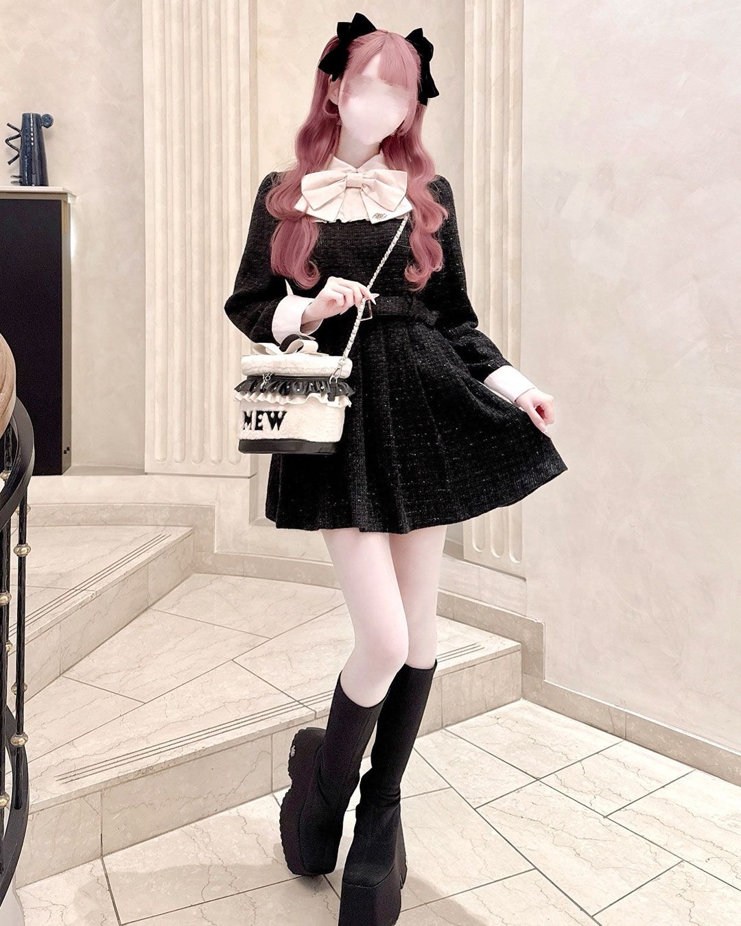 ビッグリボンツイードプリーツワンピース ホワイト | ファッション通販