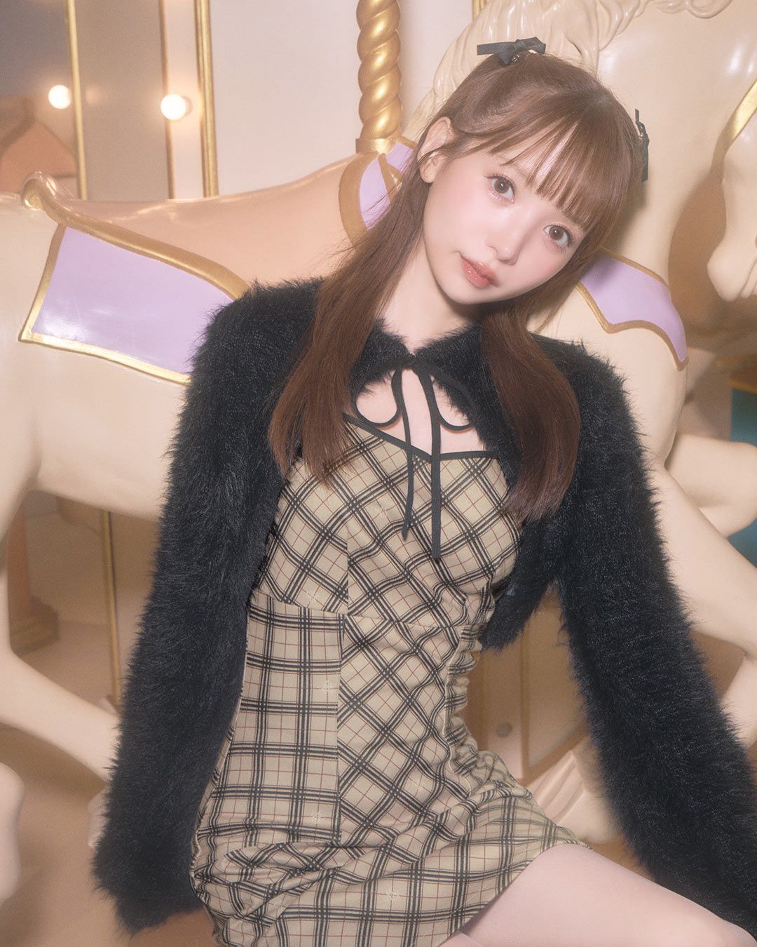 オリジナルチェック柄アンサンブルミニワンピース ベージュ