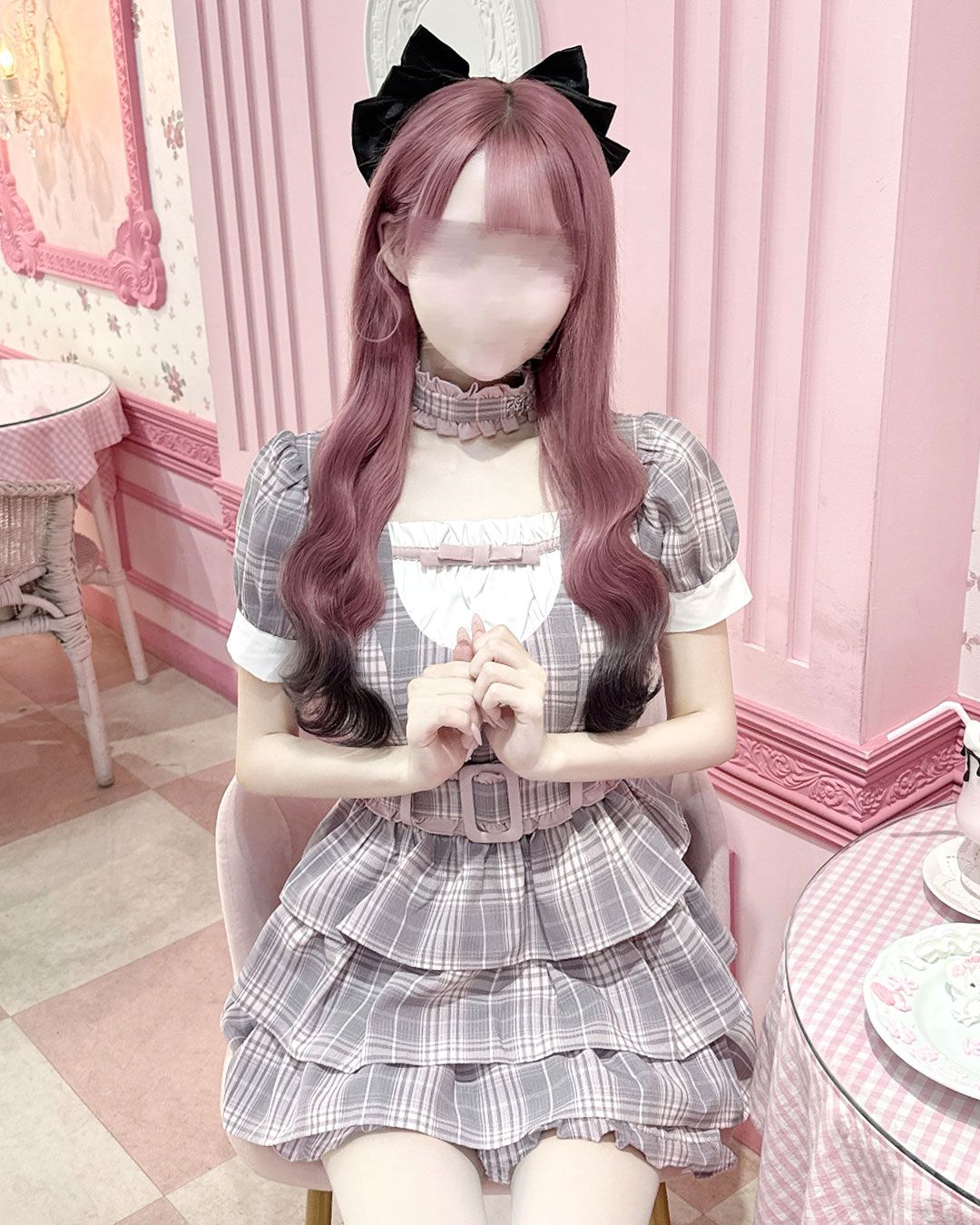 チョーカー付きチェックティアードセットアップ ピンク | ファッション