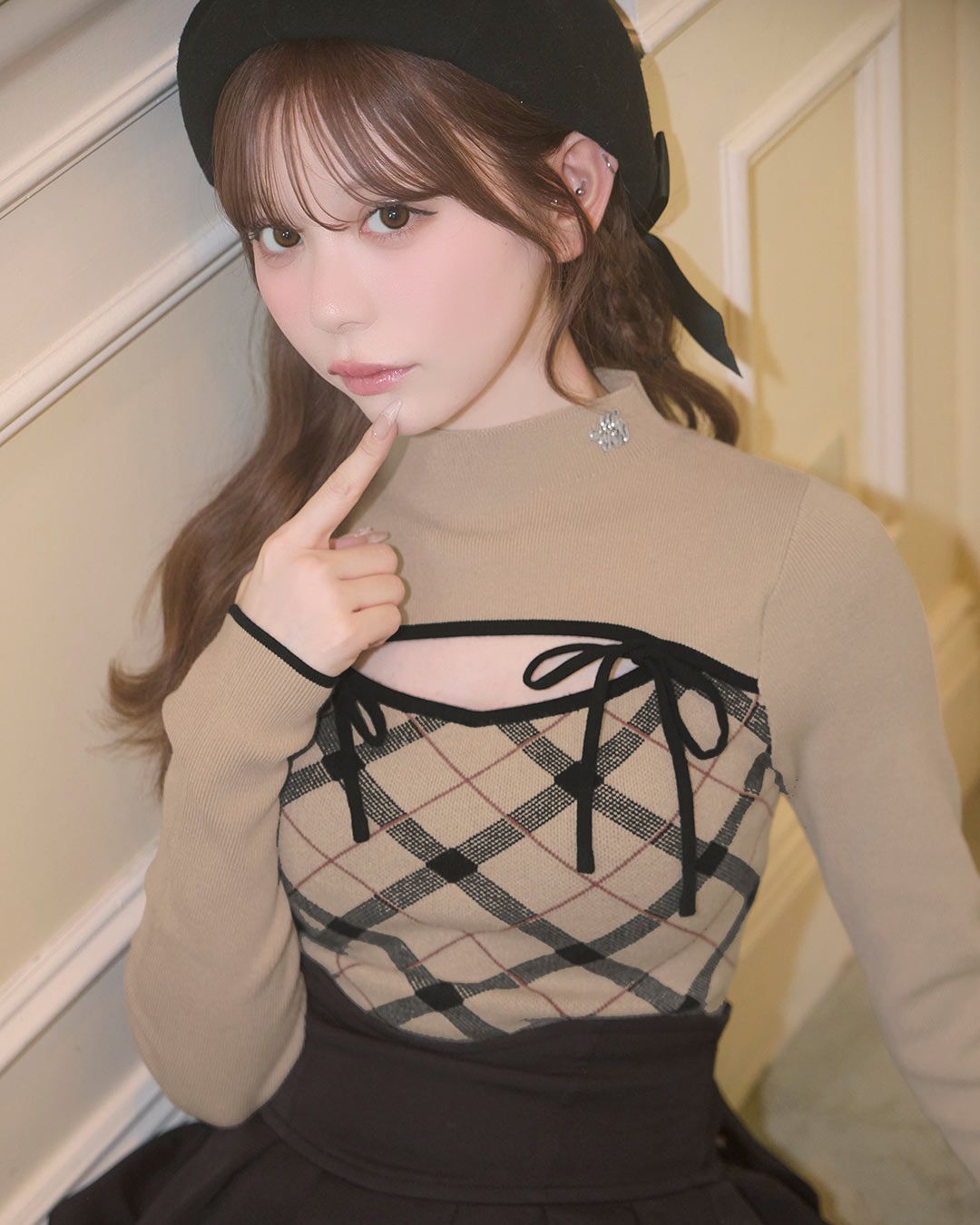 デコルテオープンチェックニットトップス グレー | ファッション通販