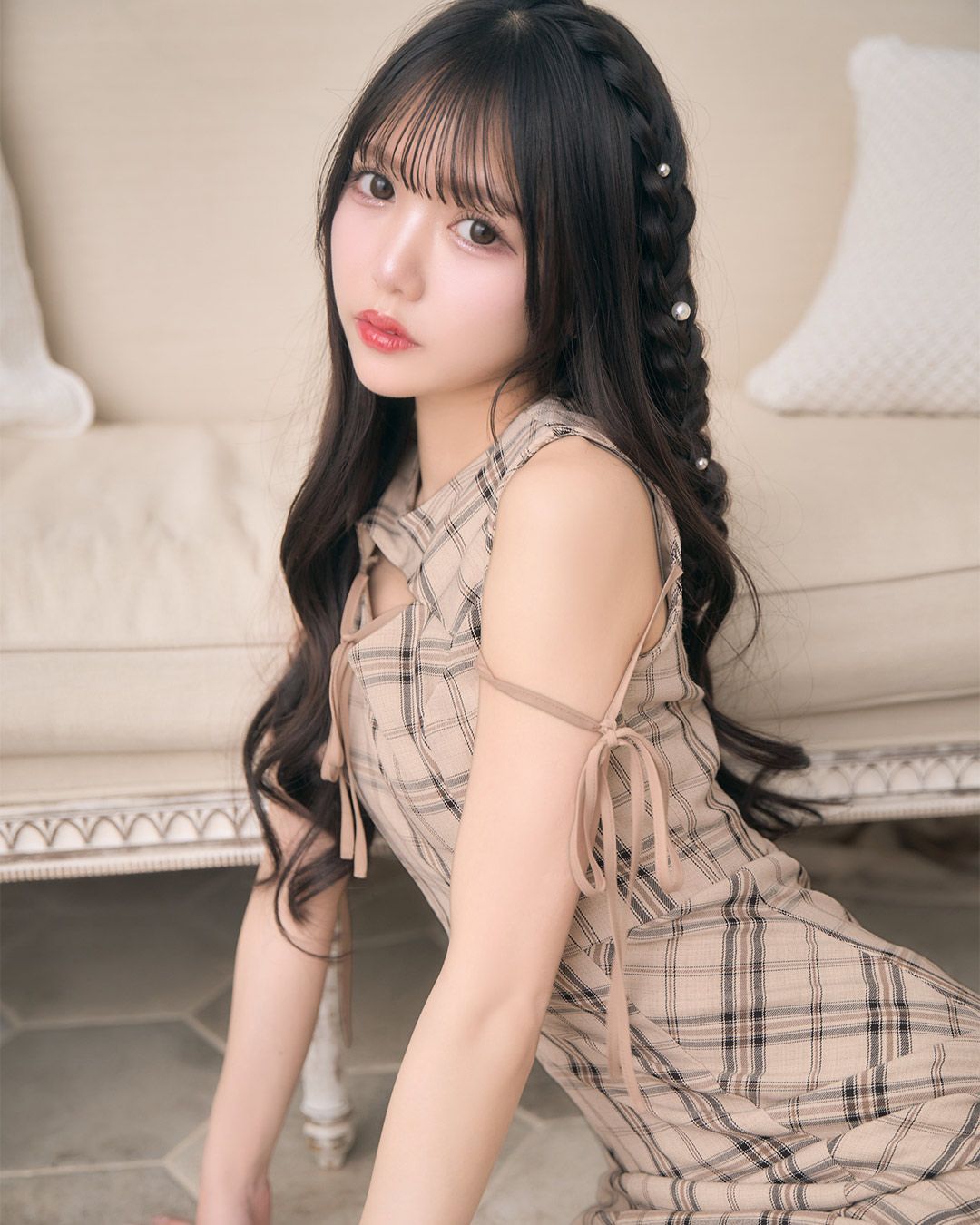 ミシェルマカロン　バイアスチェックマーメイドワンピース バイアスチェックマーメイドワンピース ベージュ | ファッション