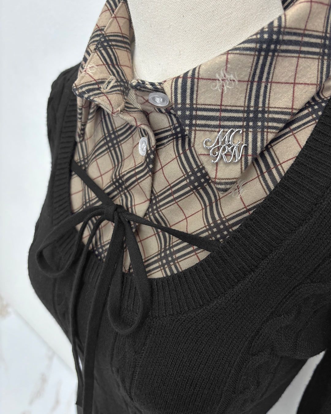 シャツレイヤード風ニットワンピース ブラック | ファッション通販