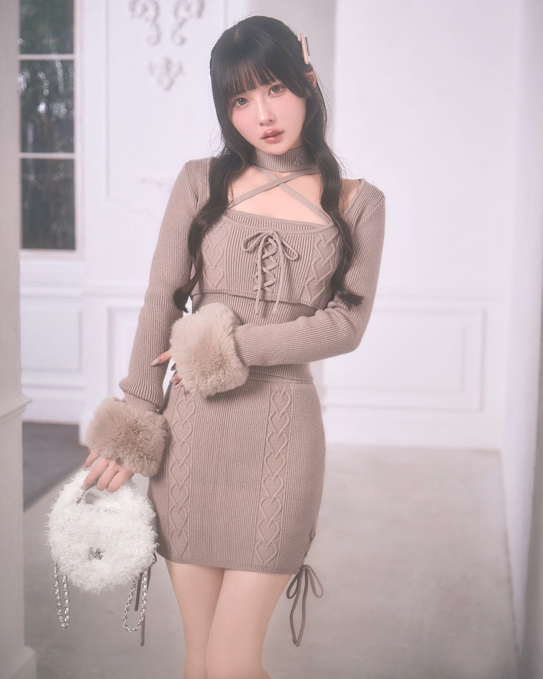 ケーブルファーニットセットアップ ベージュ | ファッション通販