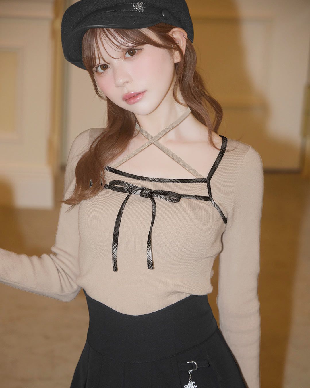 チェックパイピングリボンニットトップス ブラック | ファッション通販