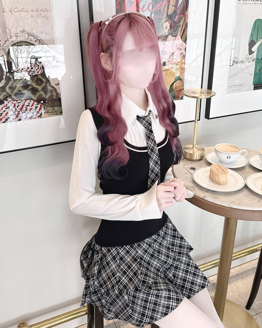 ネクタイ付きドッキングチェックワンピース シェルピンク