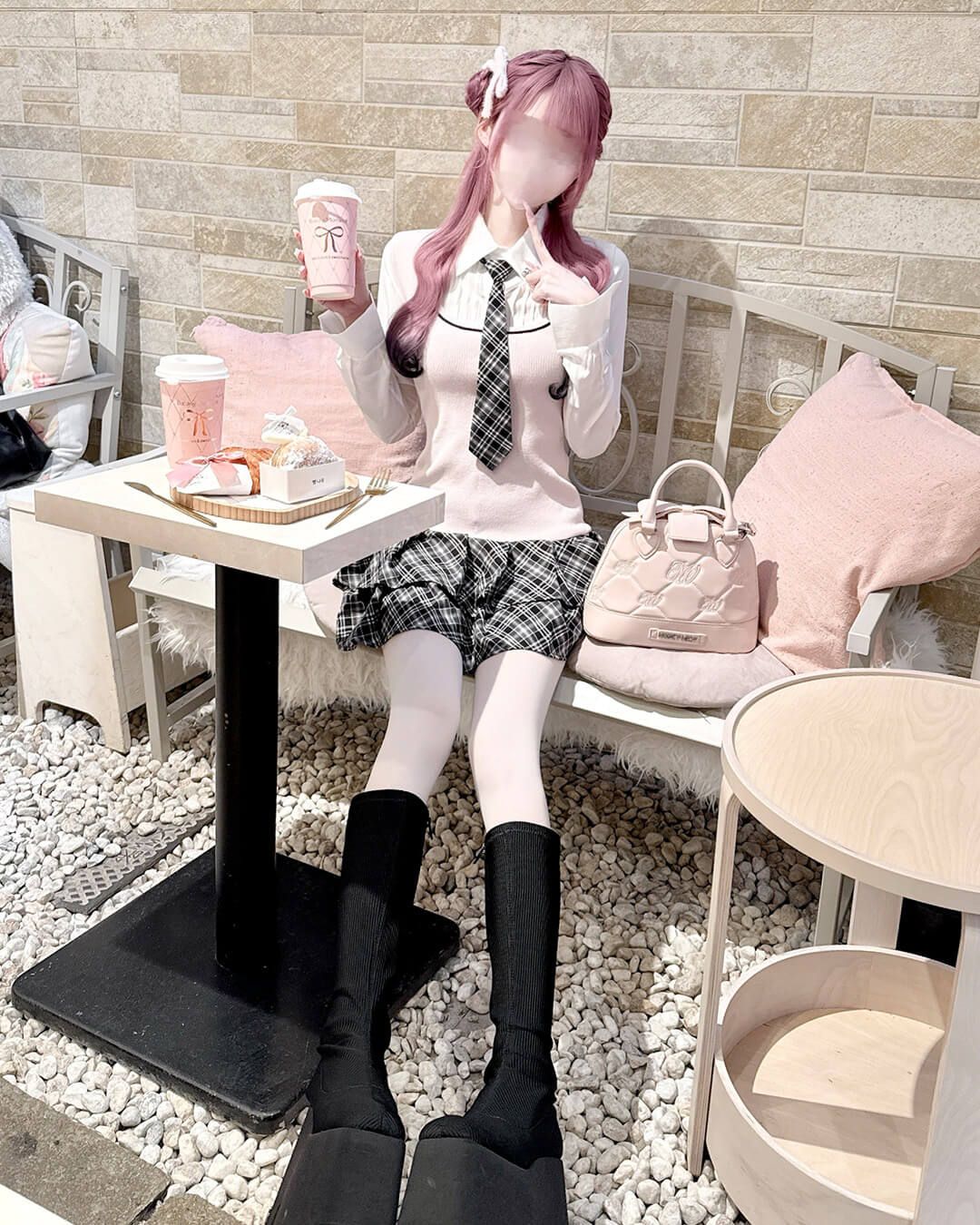 honeymew ハニーミュウ ネクタイ付きドッキングチェックワンピース ネクタイ付きドッキングチェックワンピース シェルピンク