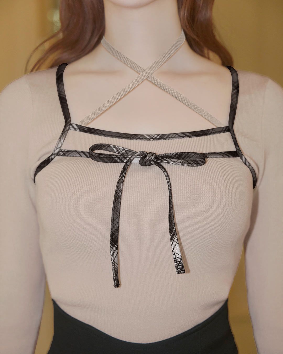 チェックパイピングリボンニットトップス ブラック