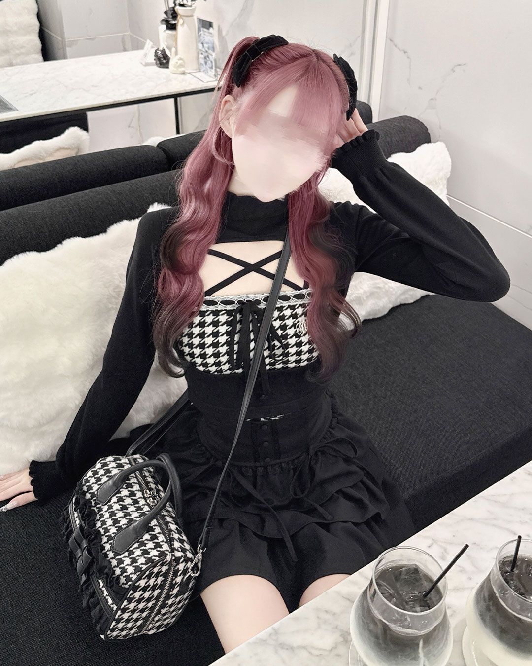 千鳥柄ハイネックアンサンブルトップス ブラック | ファッション通販