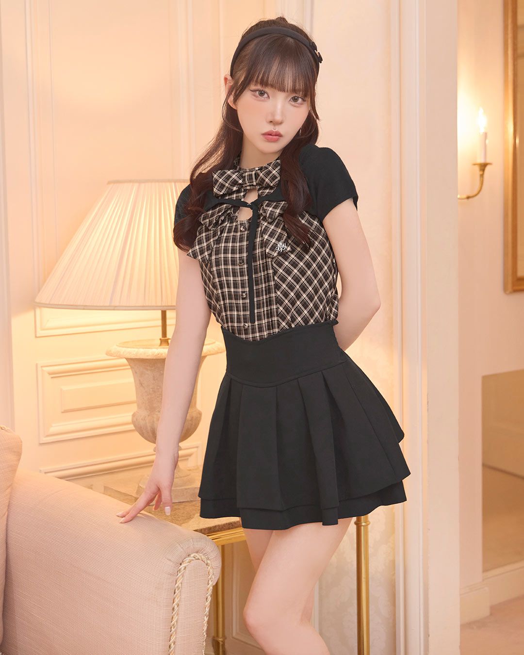 ミシェルマカロン ボレロsetフロントリボンチェックトップス ボレロsetフロントリボンチェックトップス ブラウン | ファッション