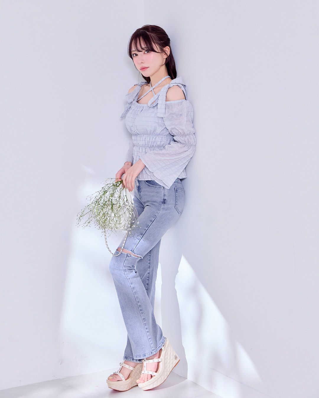 michellmacaron サイドスラッシュデニムパンツ　ライトブルー サイドスラッシュデニムパンツ ライトブルー | ファッション通販