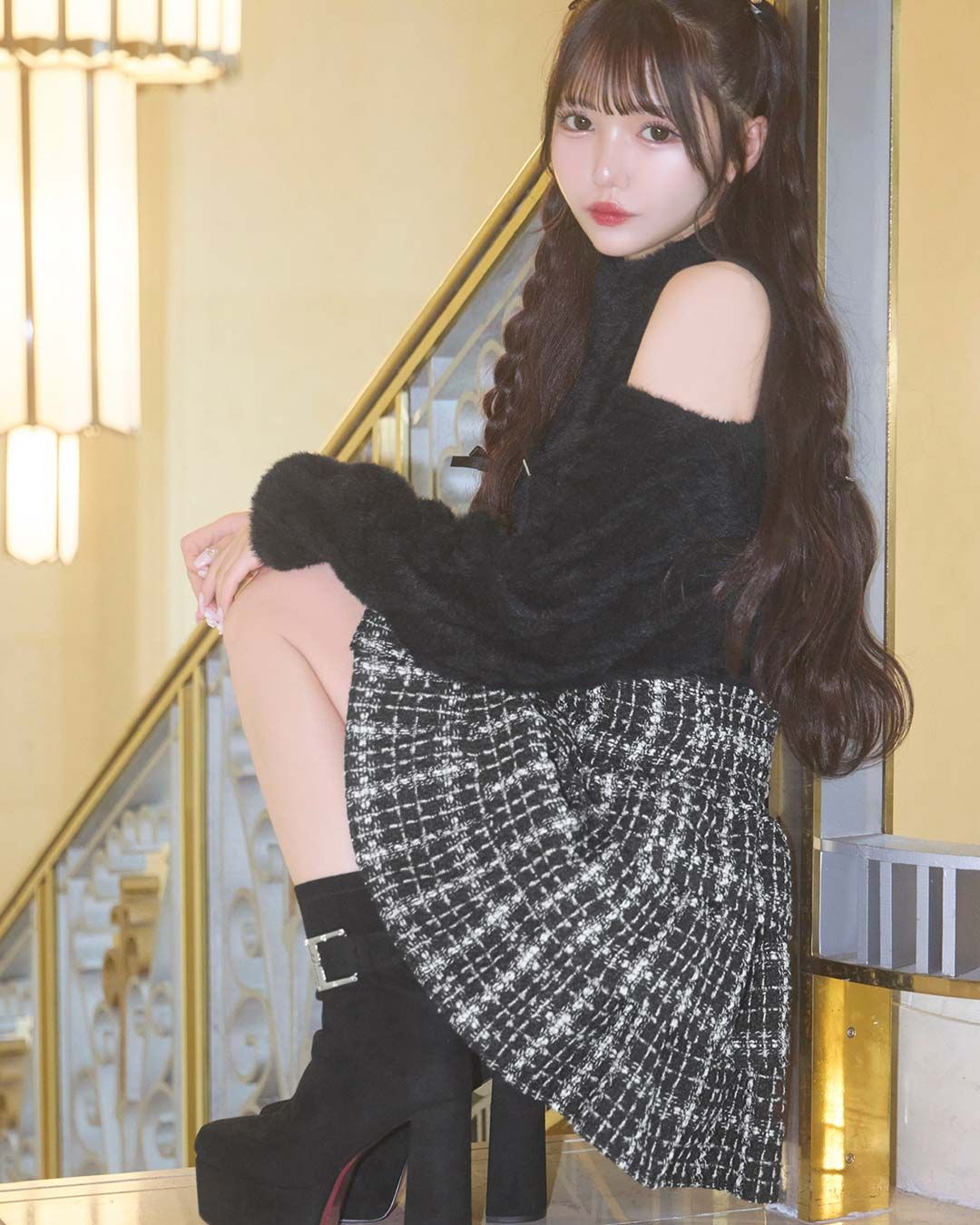 チェックツイードフリル美脚スカート ブラック | ファッション通販