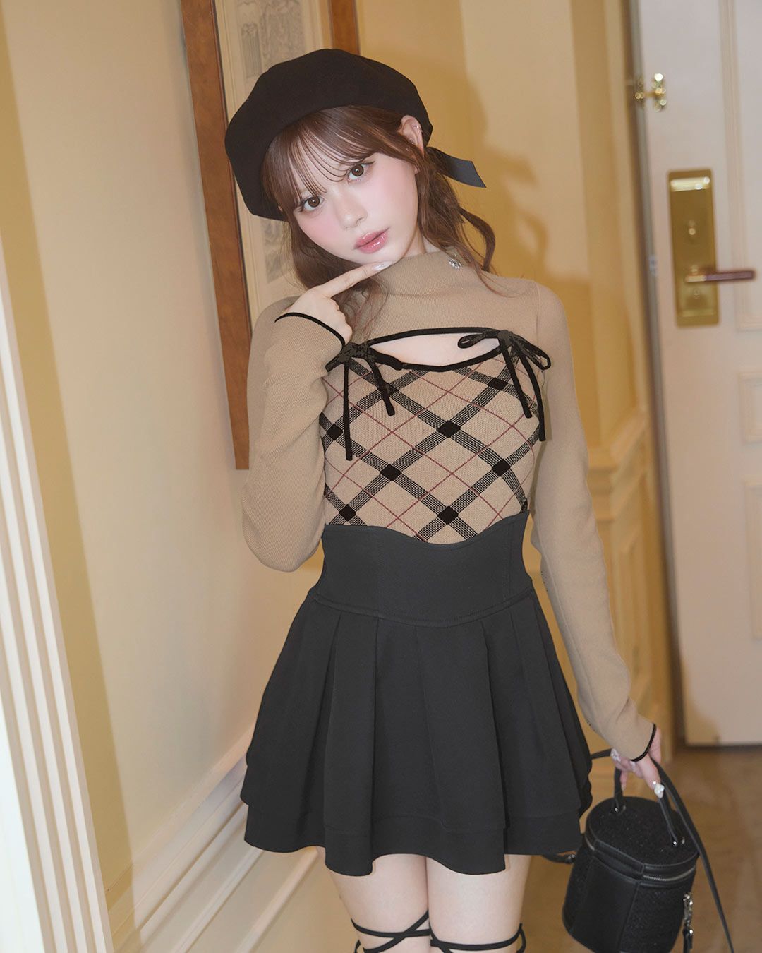 デコルテオープンチェックニットトップス グレー | ファッション通販