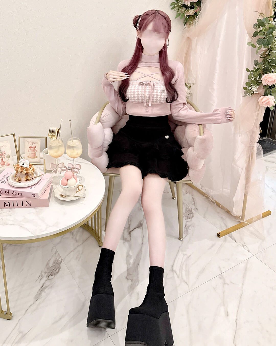 ミシェルマカロン honey mew 千鳥柄ハイネックアンサンブルトップス xs ミシェルマカロン イモ 千鳥柄ハイネックアンサンブルトップス