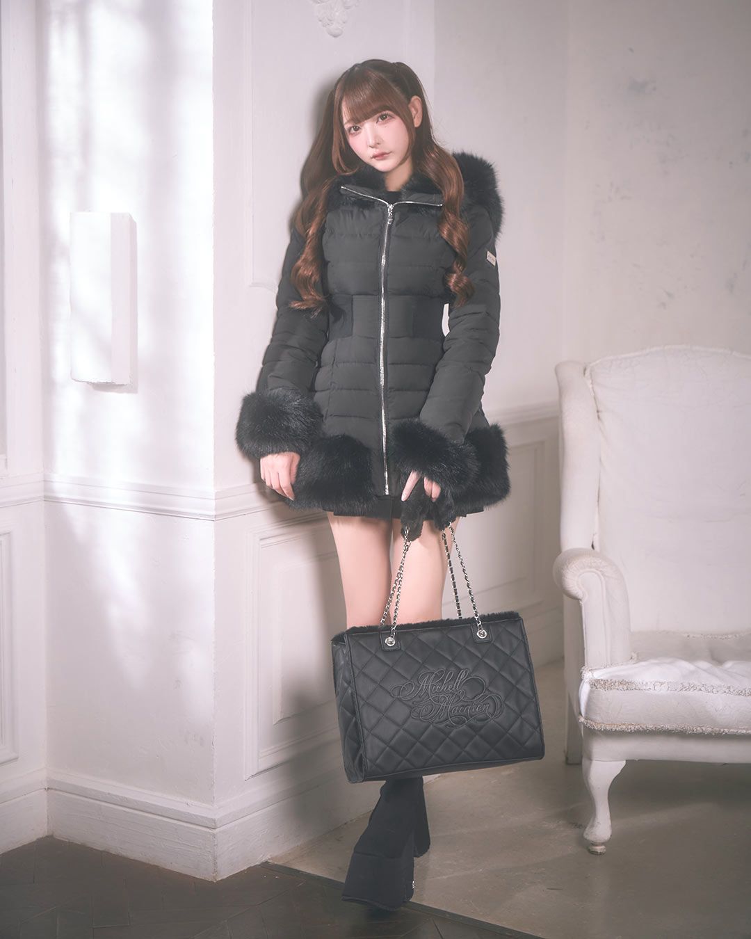 美くびれフェイクファーダウンコート ブラック | ファッション通販