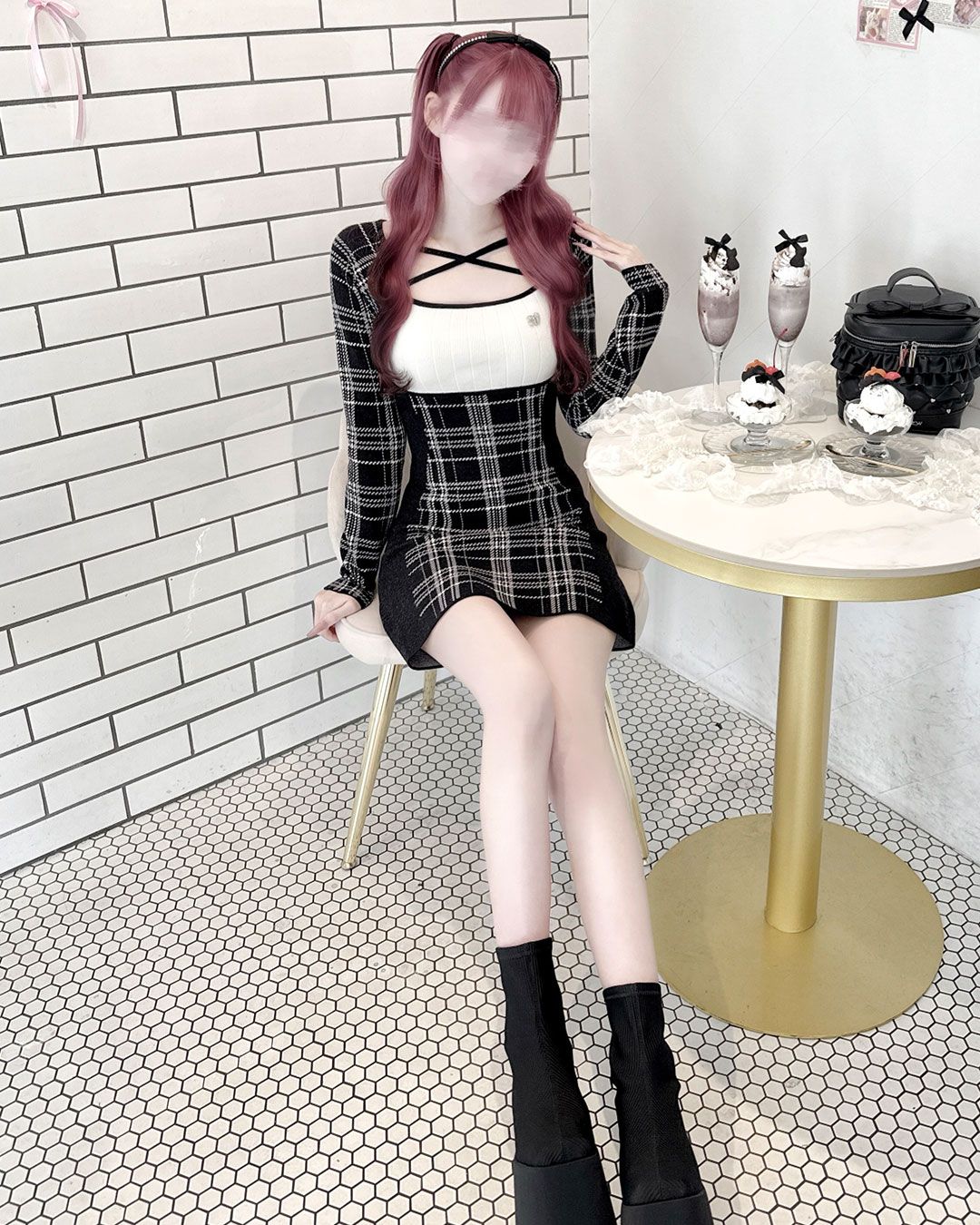 ハニミュ ハニーミュウ チェックタイトニットワンピース チェックタイトニットワンピース ブラック | ファッション通販