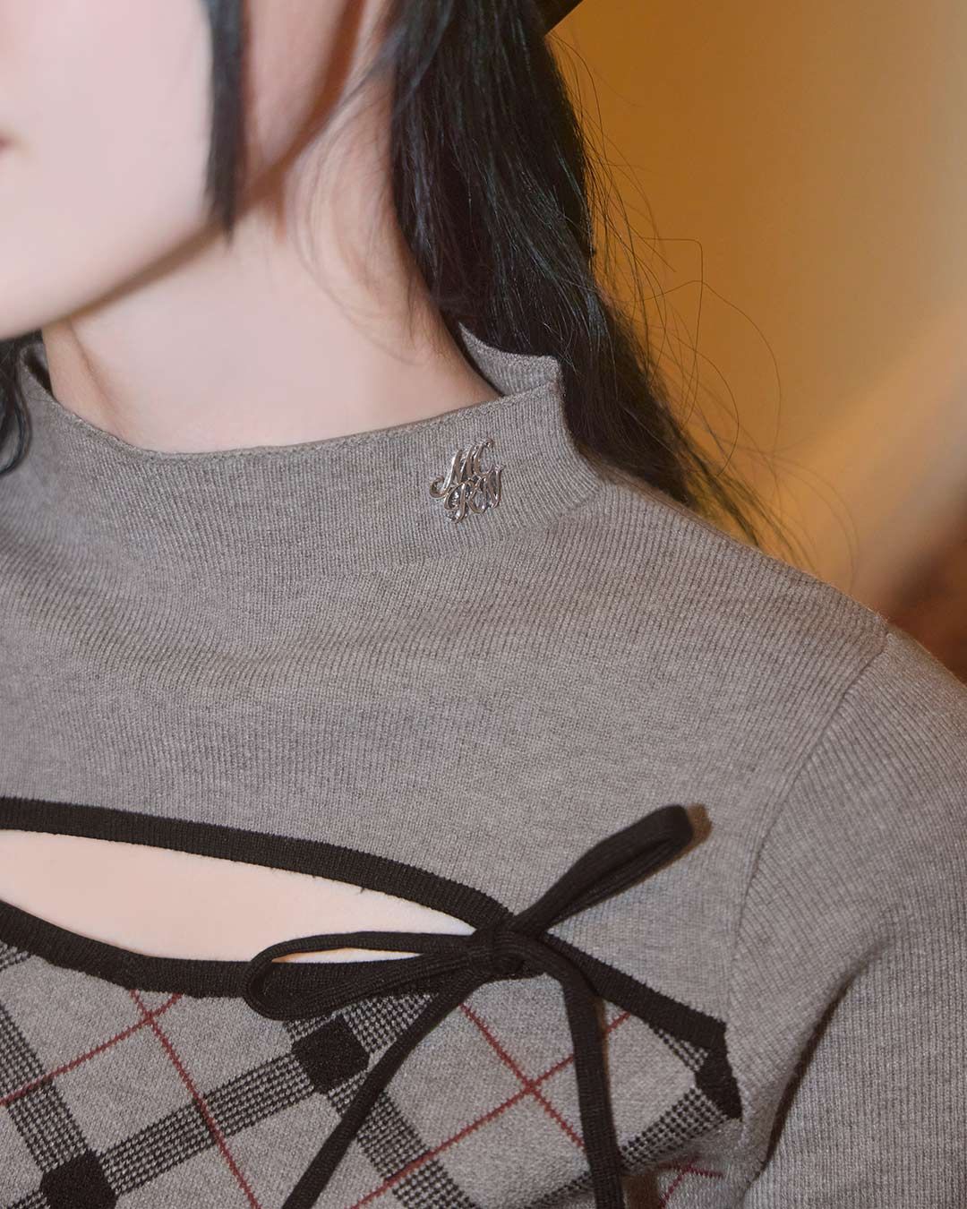 ミシェルマカロン♡デコルテオープンチェックニットトップス デコルテオープンチェックニットトップス グレー | ファッション通販