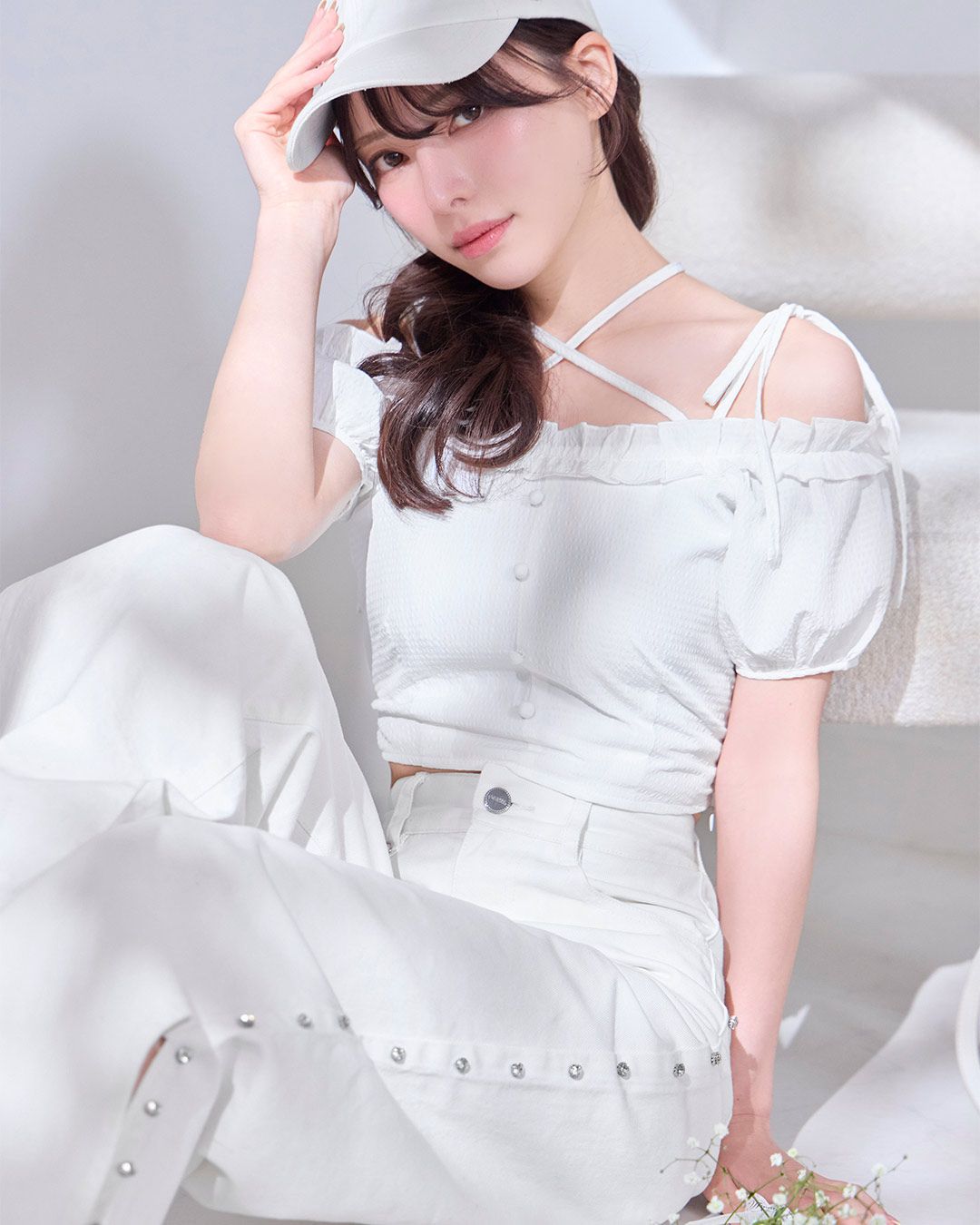 サイドビジューワイドデニムパンツ ホワイト | ファッション通販