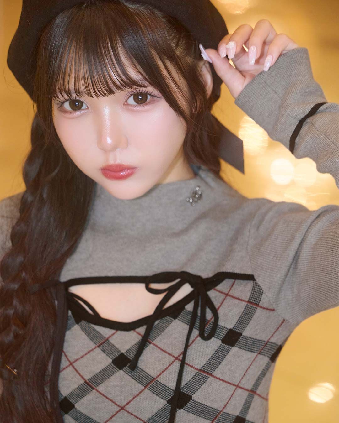 デコルテオープンチェックニットワンピ ベージュ | ファッション