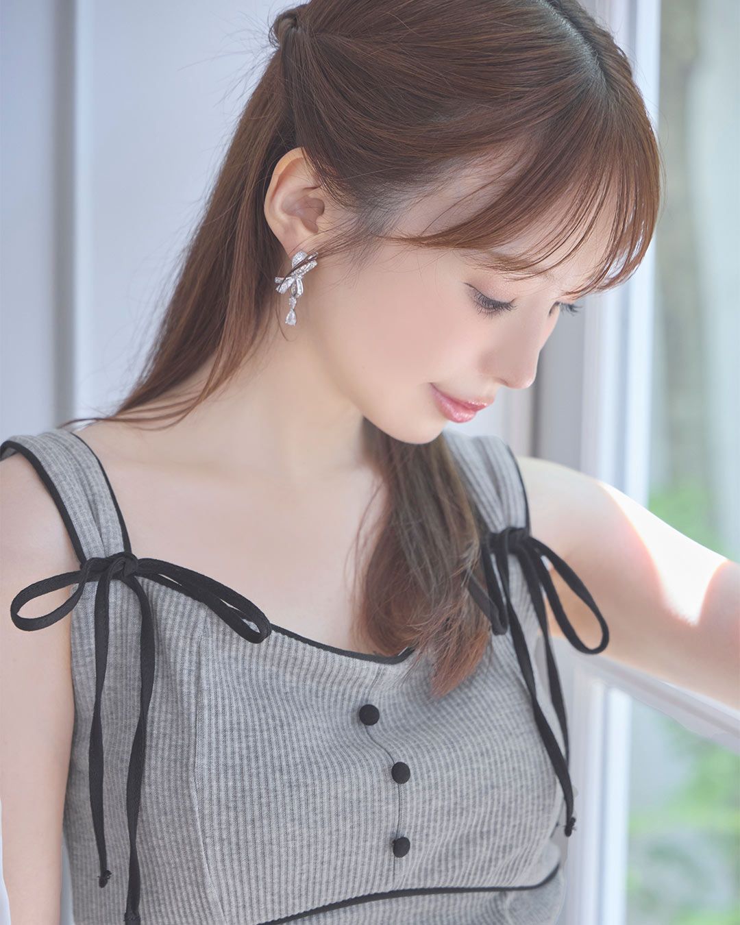 パイピングリボンペンシルワンピース グレー | ファッション通販