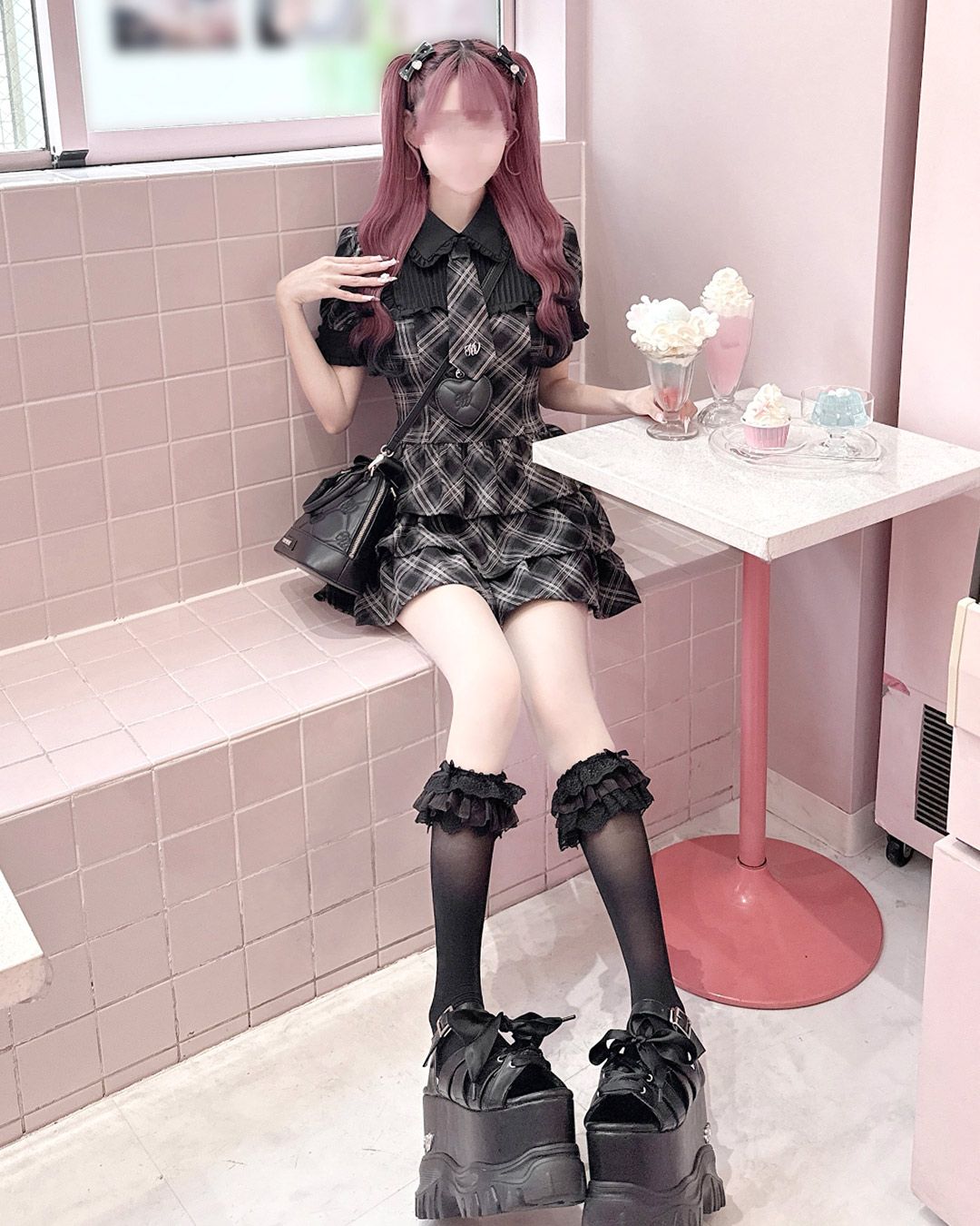 ネクタイ付きチェックティアードフリルワンピース ピンク